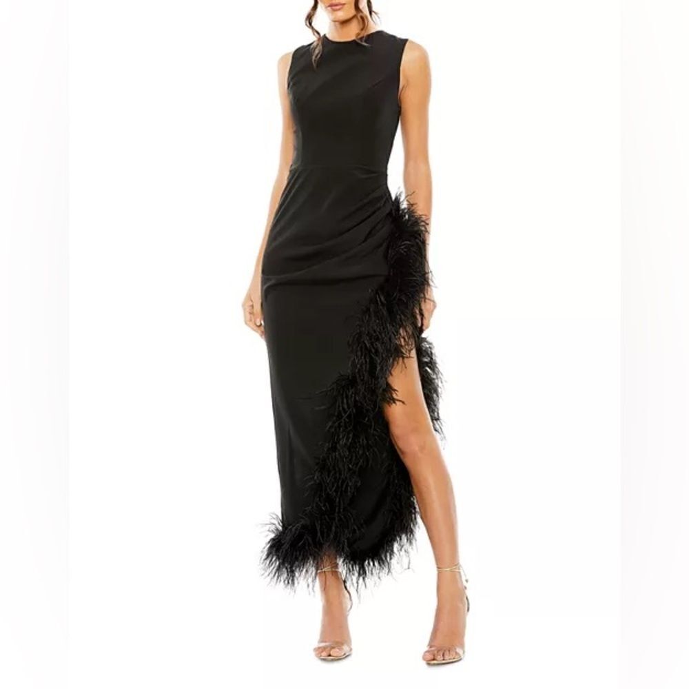 MAC DUGGAL 11626 Black Sleeveless Faux Wrap Dress with Feather Detail - Picture 2 of 12